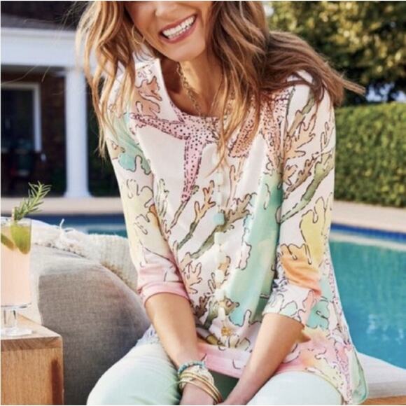 Soft Surroundings Sz PS Petite Cerina Tunic Top Blouse Beach Sea Coral Colorful - Picture 1 of 10